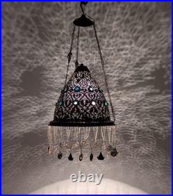 BR82 Vintage Brass Pendant Lamp Pierced Colored Glass Cabochons & Chain Fringe