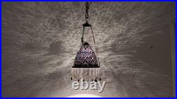 BR82 Vintage Brass Pendant Lamp Pierced Colored Glass Cabochons & Chain Fringe