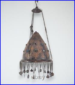 BR82 Vintage Brass Pendant Lamp Pierced Colored Glass Cabochons & Chain Fringe