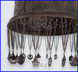 BR82 Vintage Brass Pendant Lamp Pierced Colored Glass Cabochons & Chain Fringe