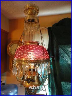 B & H Cranberry Hobnail Opalescent Brass Hanging Electrified Oil Lamp Vintage