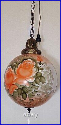 Beautiful Antique Hand Painted & Signed Hanging Parlor Swag Pendant lamp-Floral