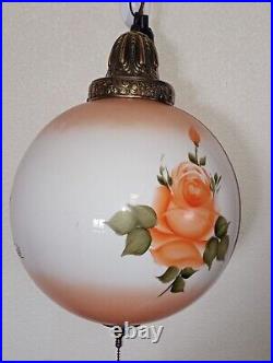 Beautiful Antique Hand Painted & Signed Hanging Parlor Swag Pendant lamp-Floral