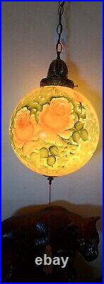 Beautiful Antique Hand Painted & Signed Hanging Parlor Swag Pendant lamp-Floral