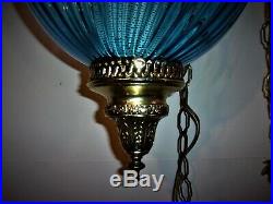 Beautiful Vintage Atomic Blue Spiral Glass Hanging Lamp