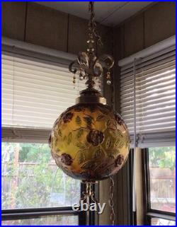Beautiful Vintage Floral Swag Hanging Lamp Light Amber Glass Large