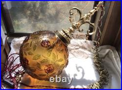 Beautiful Vintage Floral Swag Hanging Lamp Light Amber Glass Large
