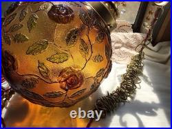 Beautiful Vintage Floral Swag Hanging Lamp Light Amber Glass Large