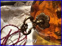 Beautiful Vintage Floral Swag Hanging Lamp Light Amber Glass Large