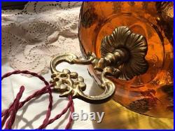 Beautiful Vintage Floral Swag Hanging Lamp Light Amber Glass Large