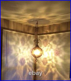 Beautiful Vintage Floral Swag Hanging Lamp Light Amber Glass Large