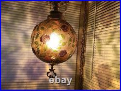Beautiful Vintage Floral Swag Hanging Lamp Light Amber Glass Large