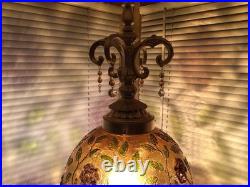 Beautiful Vintage Floral Swag Hanging Lamp Light Amber Glass Large