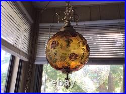 Beautiful Vintage Floral Swag Hanging Lamp Light Amber Glass Large