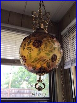 Beautiful Vintage Floral Swag Hanging Lamp Light Amber Glass Large
