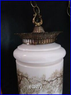 Beautiful Vintage White Glass Oriental Garden Design Hanging Swag Cylinder Lamp