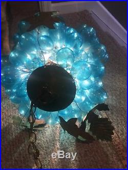 Blue Blown Glass Grape Cluster Hanging Light Lamp Art Nouveau Large Vintage
