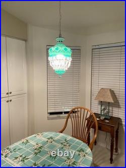 Bohemian White Enamel Glass Cut To Green Hanging Lamp Czech Pendant Chandelier