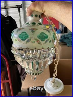 Bohemian White Enamel Glass Cut To Green Hanging Lamp Czech Pendant Chandelier