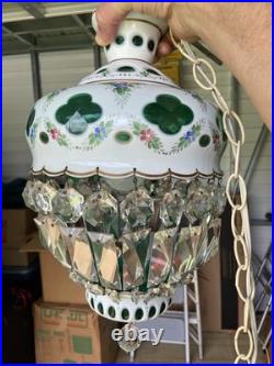 Bohemian White Enamel Glass Cut To Green Hanging Lamp Czech Pendant Chandelier Bohemian White Enamel Glass Cut To Green Hanging Lamp Czech Pendant Chandelier