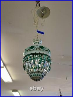 Bohemian White Enamel Glass Cut To Green Hanging Lamp Czech Pendant Chandelier