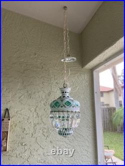 Bohemian White Enamel Glass Cut To Green Hanging Lamp Czech Pendant Chandelier