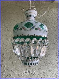 Bohemian White Enamel Glass Cut To Green Hanging Lamp Czech Pendant Chandelier
