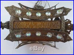 Brass Chandelier withMetal Shade & 35 Crystals Vintage Deco Hanging Lamp