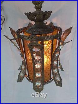 Brass Chandelier withMetal Shade & 35 Crystals Vintage Deco Hanging Lamp