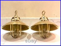 Brass Hanging Pendant Light with Shade Vintage Nautical Marine Ceiling Lamp Pair Brass Hanging Pendant Light with Shade Vintage Nautical Marine Ceiling Lamp Pair