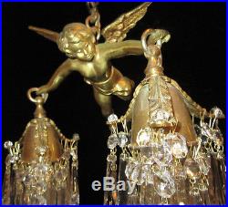 Bronze Vintage Chandelier hanging French Lamp Flying Cherub Brass Crystal lanter