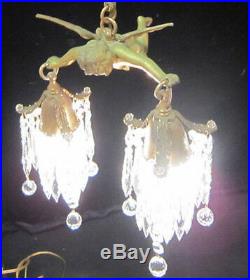 Bronze Vintage Chandelier hanging French Lamp Flying Cherub Brass Crystal prisms