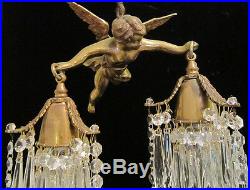 Bronze Vintage Chandelier hanging French Lamp Flying Cherub Brass Crystal prisms
