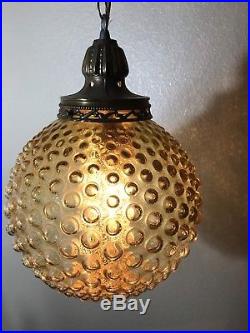 Bubble Glass Ceiling Light Swag Lamp Chain Hanging Amber Globe Pendant Vtg 1970s