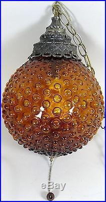 Bubble Glass Ceiling Light Swag Lamp Chain Hanging Amber Globe Pendant Vtg 1970s