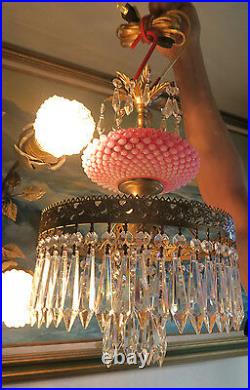 Chandelier Fenton hobnail Opalescent Cranberry brass Glass SWAG Lamp Vintage