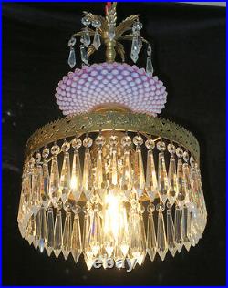 Chandelier Fenton hobnail Opalescent Cranberry brass Glass SWAG Lamp Vintage