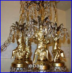 Cherub ceiling fixture Brass hanging crystal lamp chandelier Vintage 5-lights