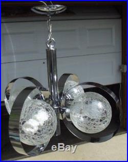 Chrome Glass Lamp 1960s 4 Light Crackle Globe Hanging Fixture Vtg Modern Swag
