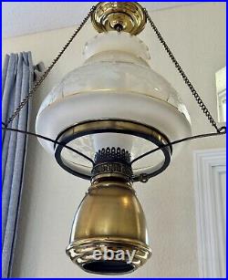 Clear Glass & White Floral Hurricane Hanging Ceiling Brass Lamp Light GWTW EUC