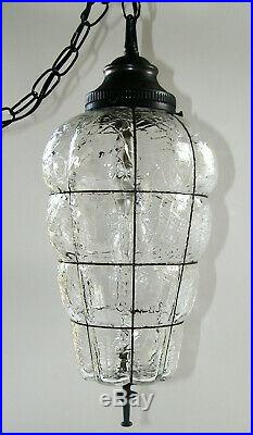 Crackle Glass Hanging Swag Lamp Light Black Gothic Chain Century REWIRED Vtg