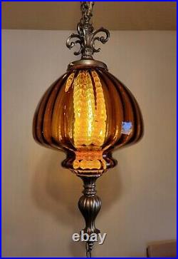 Custom Vintage Large Hollywood Regency Optic Amber Glass Hanging Swag Lamp