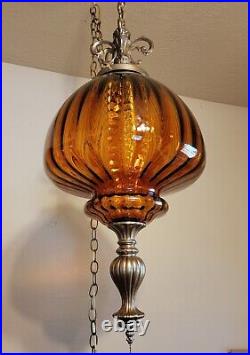 Custom Vintage Large Hollywood Regency Optic Amber Glass Hanging Swag Lamp