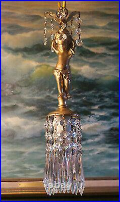 Cute Cherub Vintage Hanging Chandelier Lamp Crystal Prism Brass Spelter