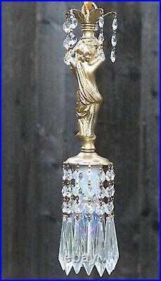 Cute Cherub Vintage Hanging Chandelier Lamp Crystal Prism Brass Spelter