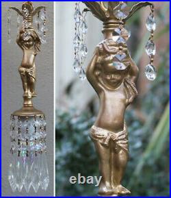Cute Cherub Vintage Hanging Chandelier Lamp Crystal Prism Brass Spelter small