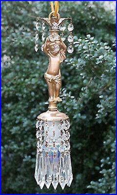 Cute Cherub Vintage Hanging Chandelier Lamp Crystal Prism Brass Spelter small