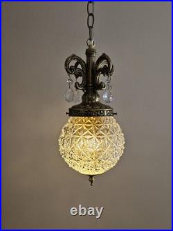 DIAMOND-Cut Clear Vintage Glass Hanging Light Swag Lamp Retro Globe MCM Antique