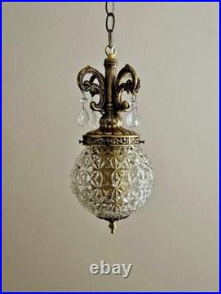 DIAMOND-Cut Clear Vintage Glass Hanging Light Swag Lamp Retro Globe MCM Antique