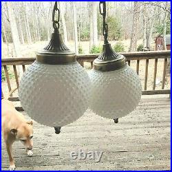 Double Globe Brass Chain Hanging Swag Lights Textured White Glass Indoor Vintage